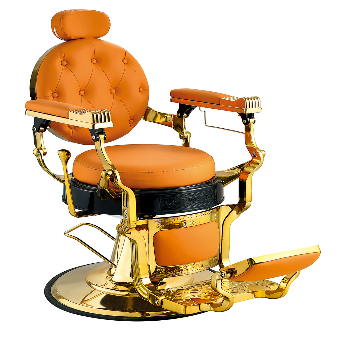 Exklusiver orangefarbener Barberstuhl mit goldenen Akzenten