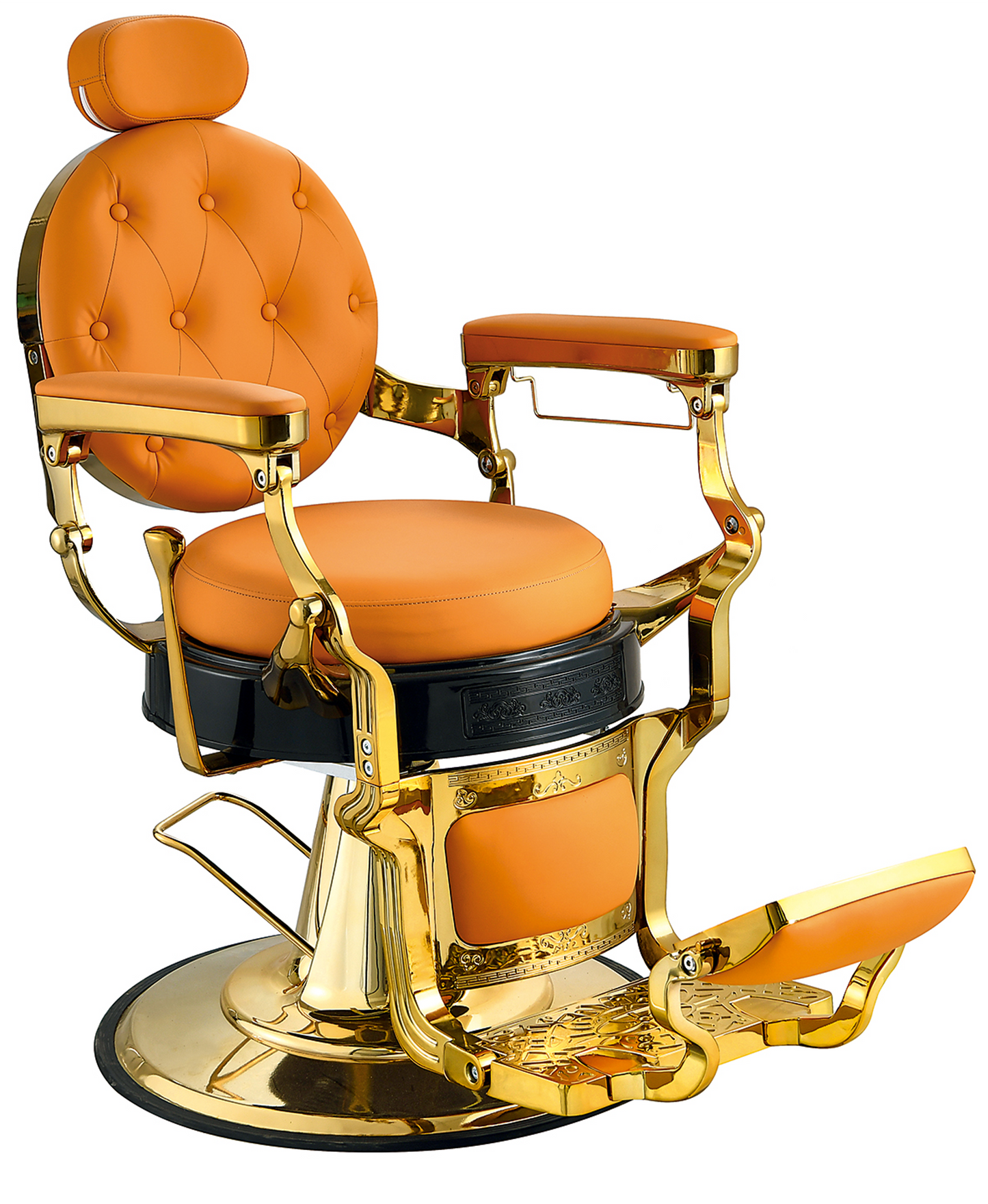 Hochwertiger orangefarbener Barberstuhl mit luxuriöser Goldveredelung