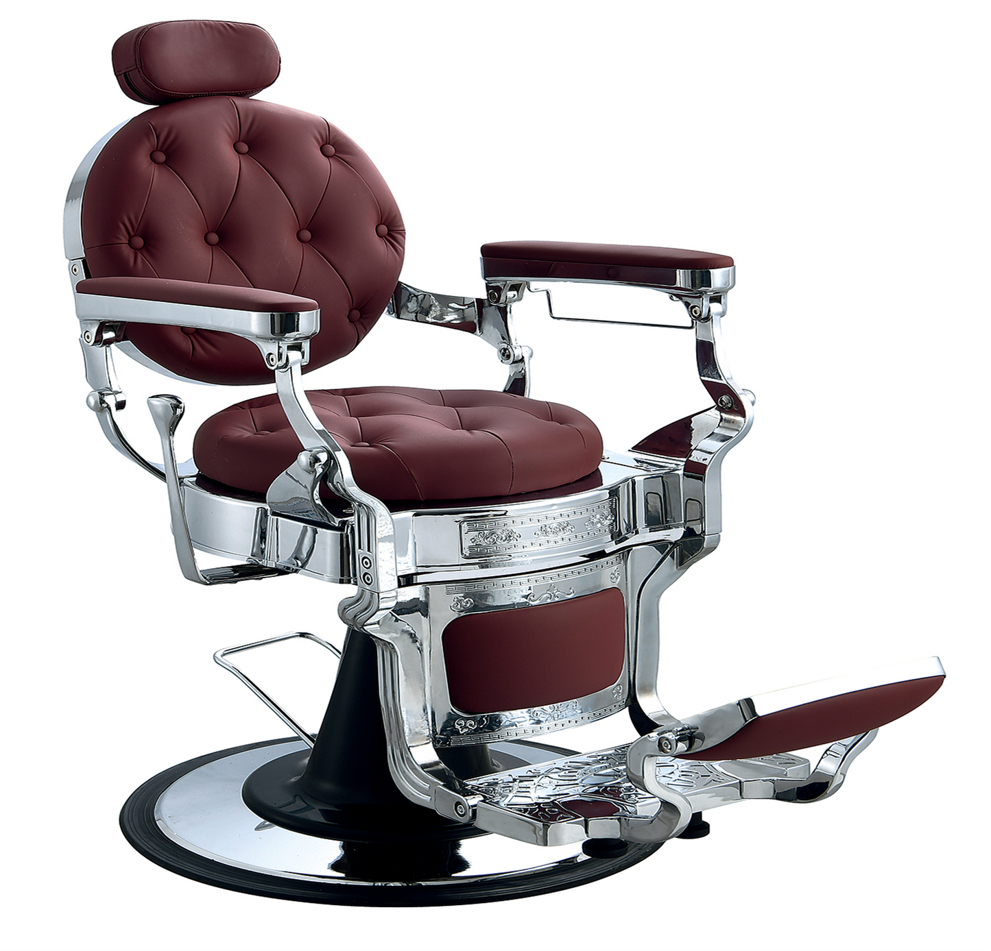 Eleganter weinroter Barberstuhl mit verchromtem Design