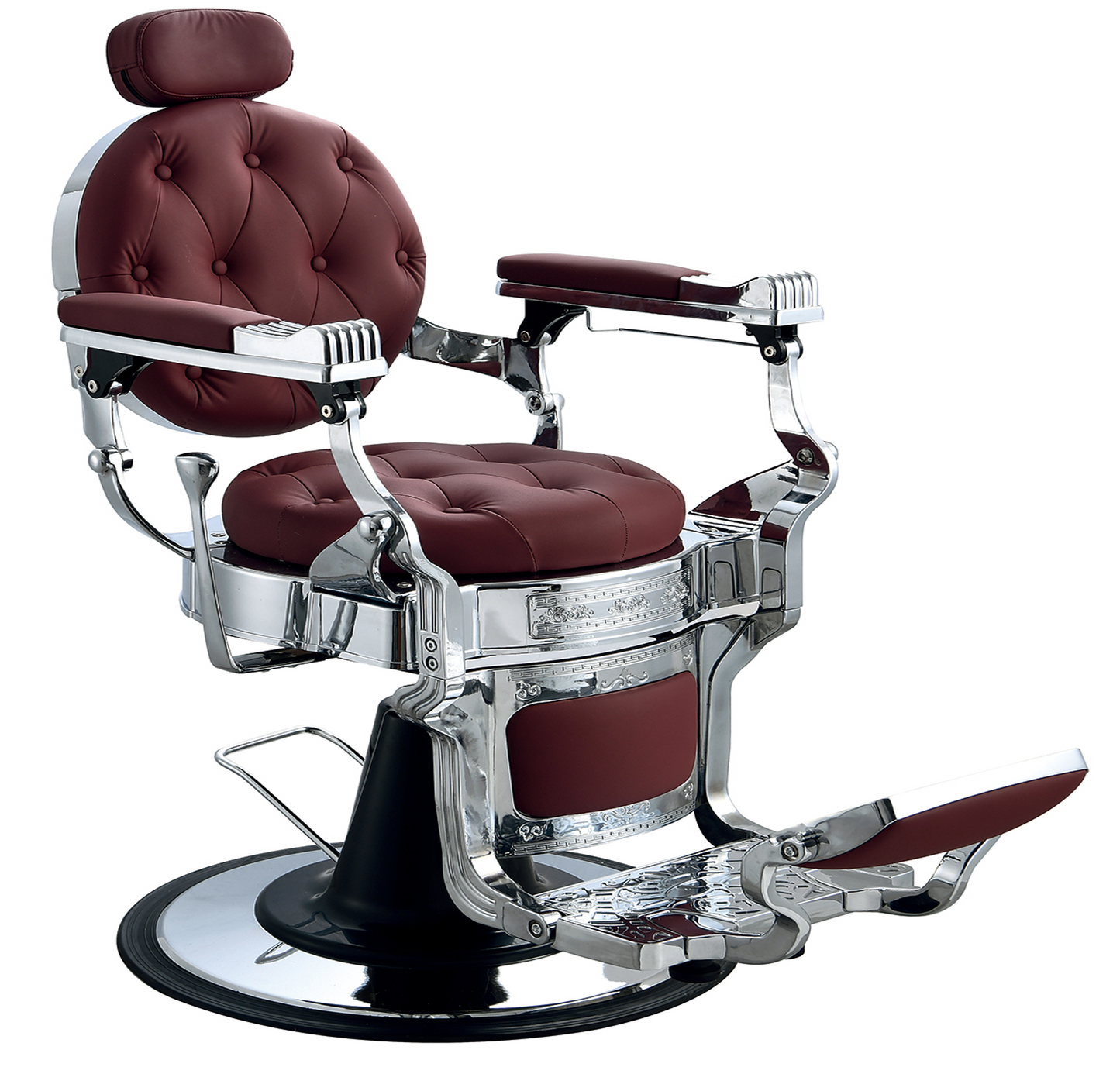 Klassischer weinroter Barberstuhl mit Chromakzenten