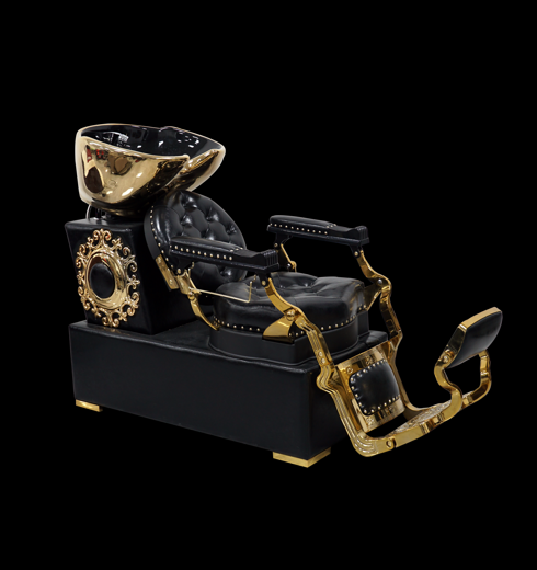 Luxuriöse Wascheinheit mit integriertem Barberstuhl und goldenen Details