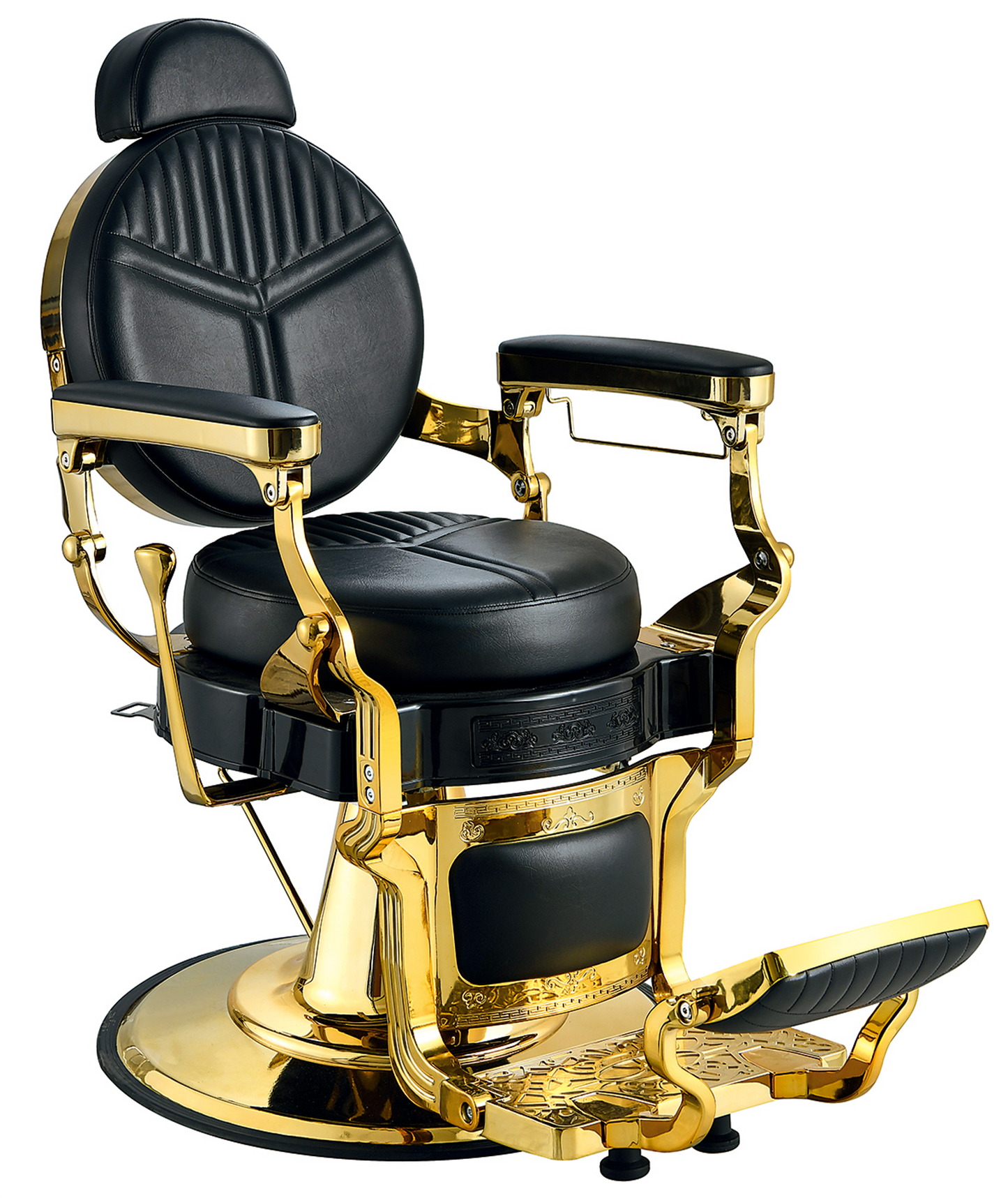 Eleganter schwarzer Barberstuhl mit luxuriöser Goldveredelung