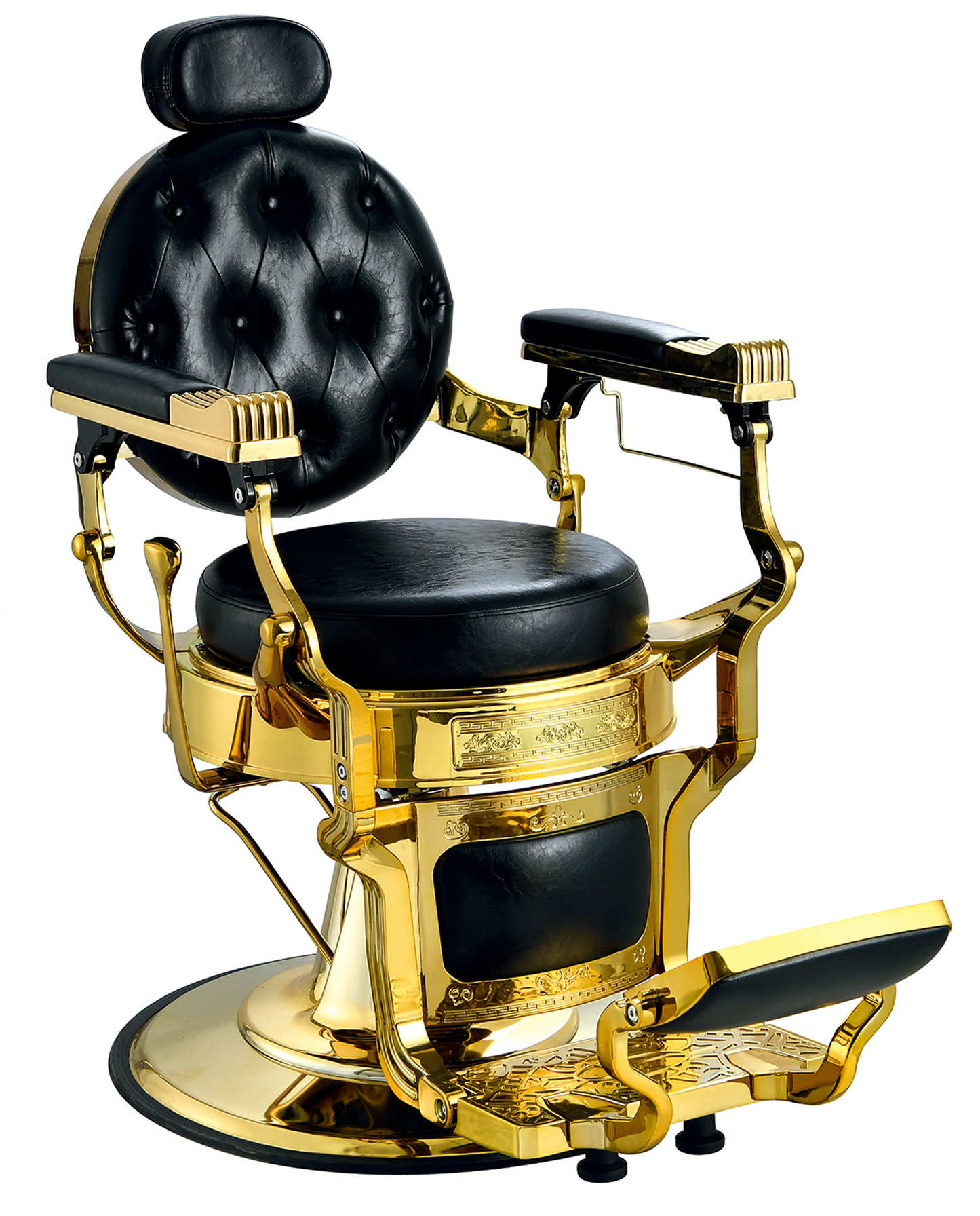 Luxuriöser schwarzer Barberstuhl mit goldenen Akzenten