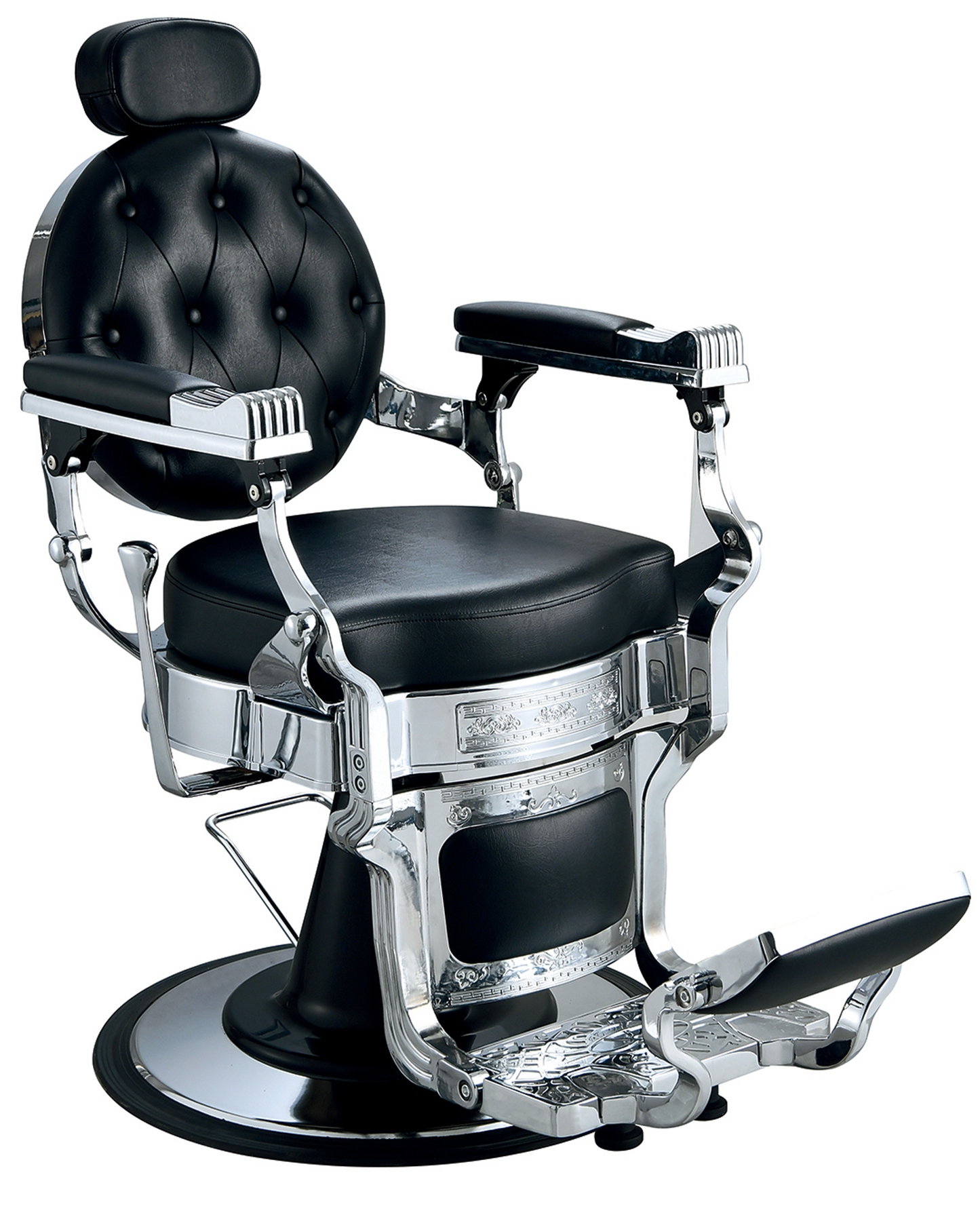 Klassischer Barberstuhl in Schwarz mit Chrom-Verzierungen
