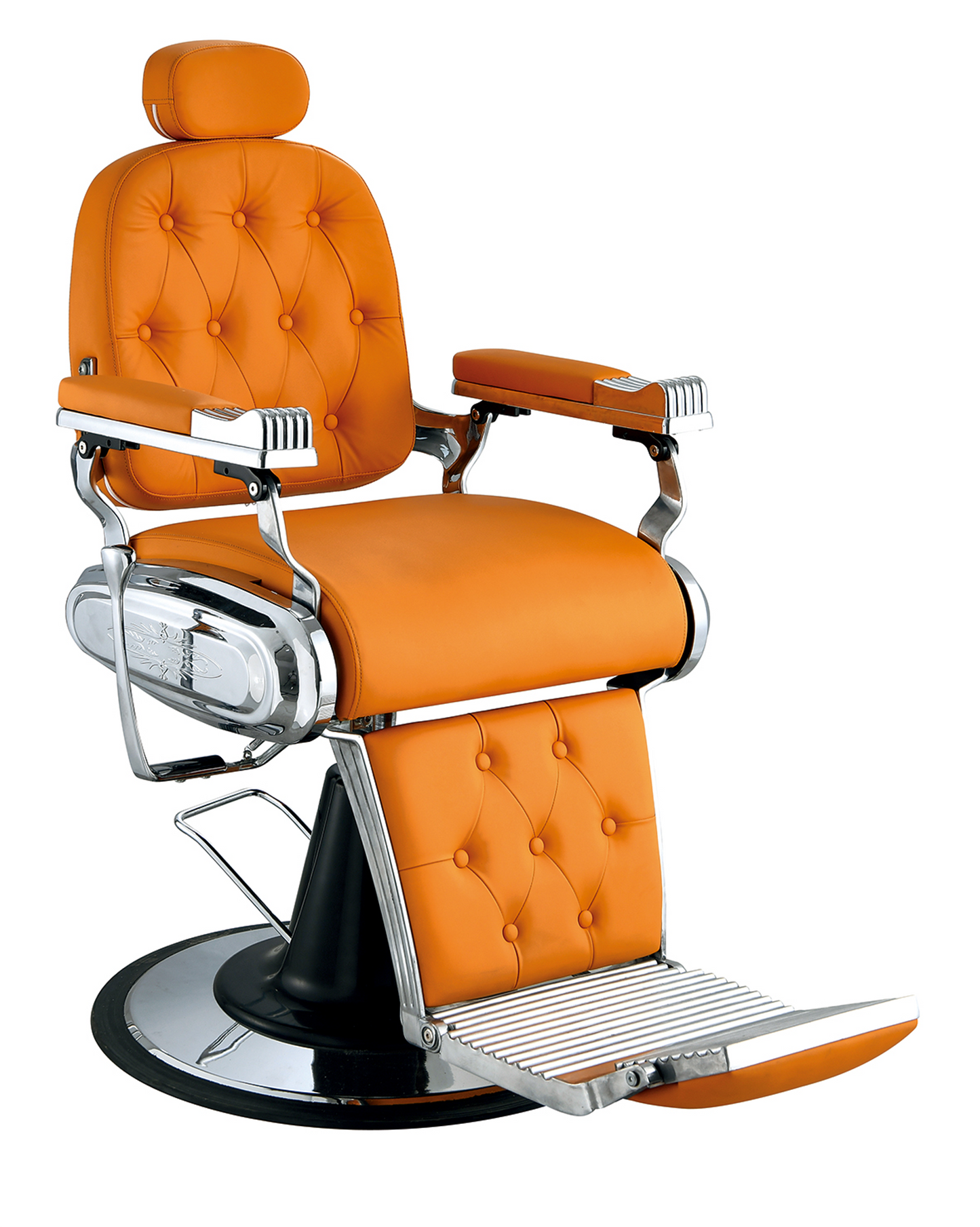 Exklusiver Barberstuhl in Orange mit Chrom-Finish