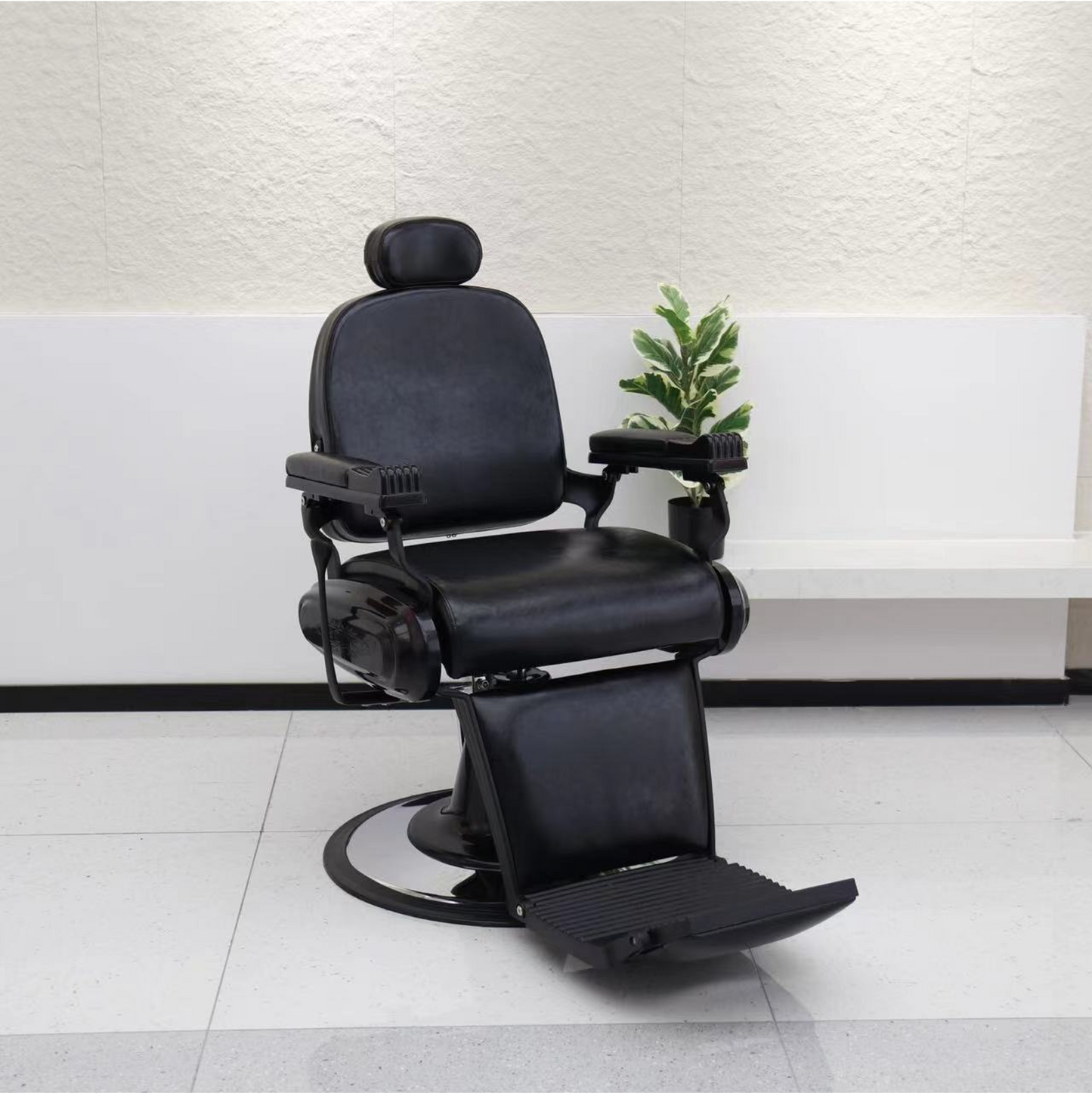 Luxurious black barber chair in classic design