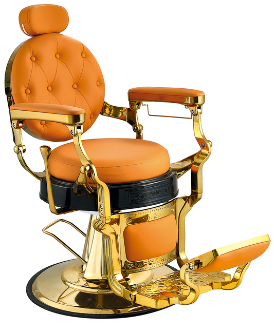 High-quality orange barber chair with luxurious gold finish