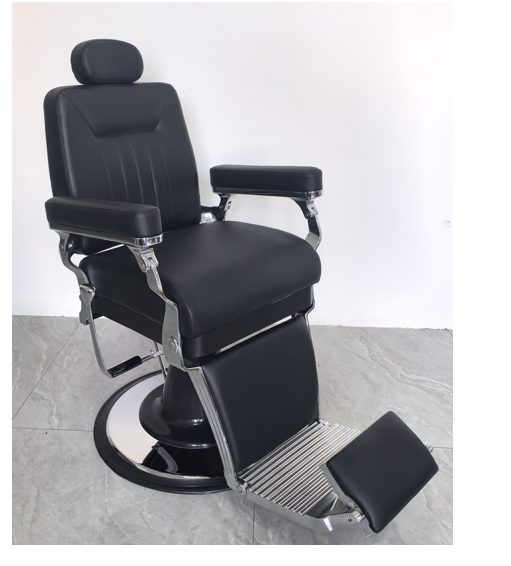 Minimalist barber chair in black with chrome details