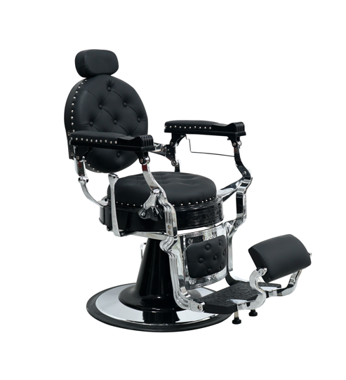 Luxurious barber chair in black with rivet accents