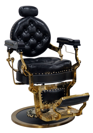 Exclusive barber chair in black with gold and rivet accents