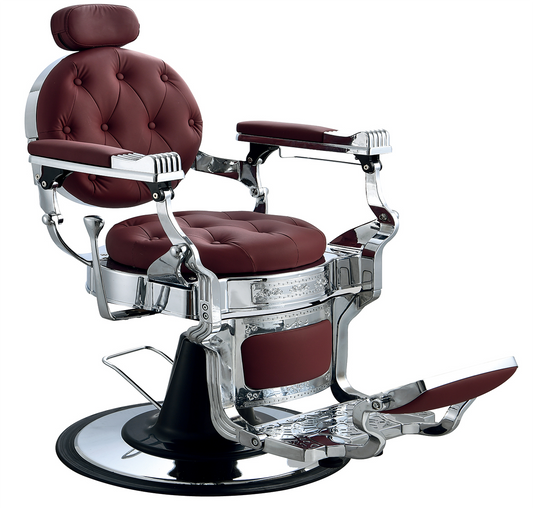 Classic wine-red barber chair with chrome accents