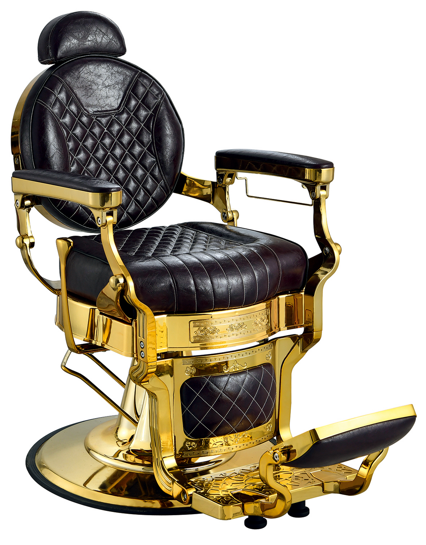 Luxurious black barber chair with gold details