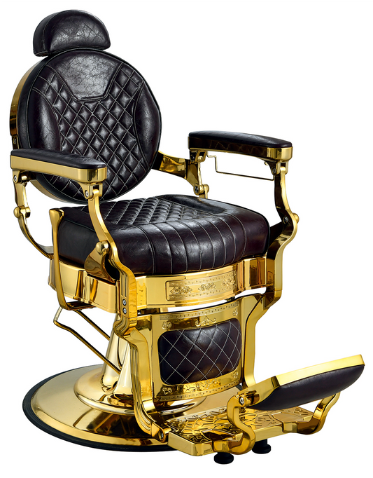 Luxurious black barber chair with gold details