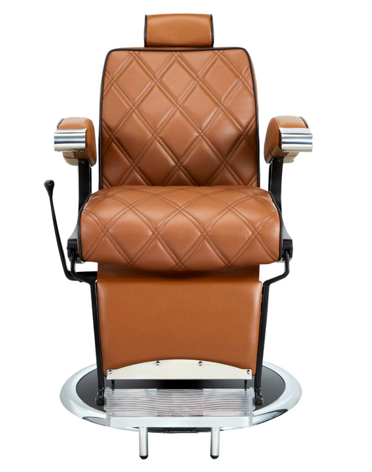 Luxurious barber chair in cognac brown with diamond quilting 