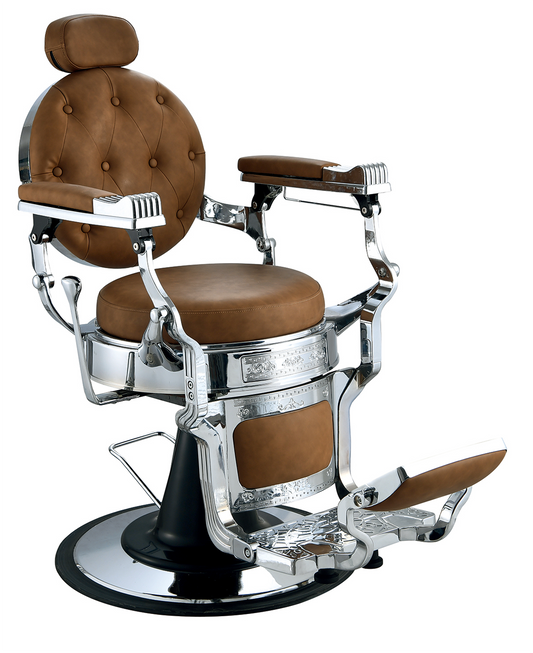 Classic barber chair in light brown with chrome finish