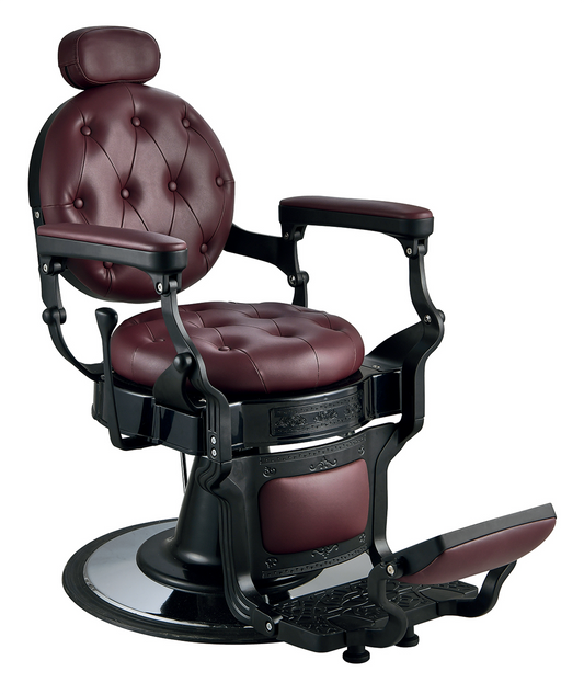 Elegant barber chair in burgundy red with black frame