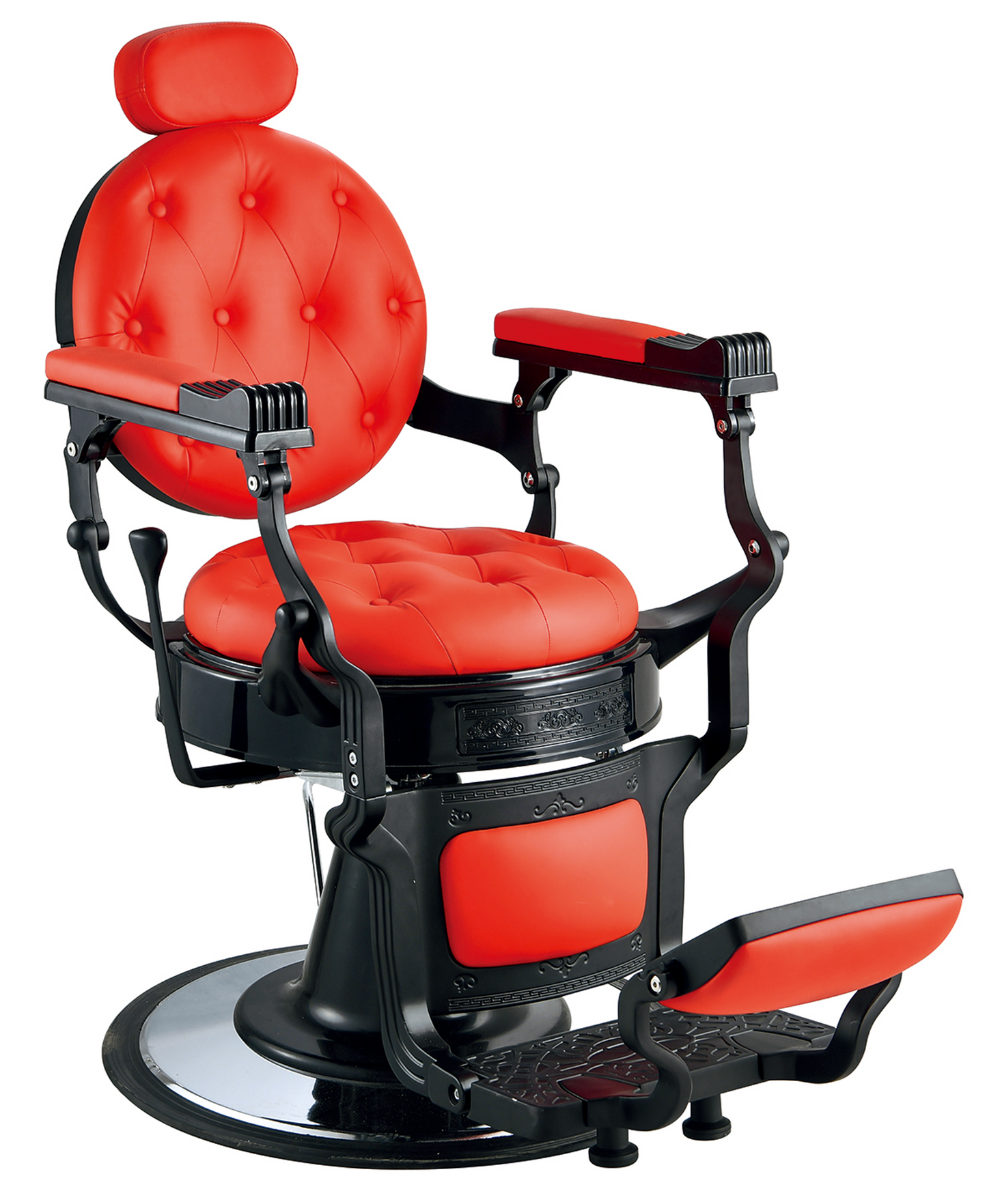 Luxurious barber chair in red with black frame 