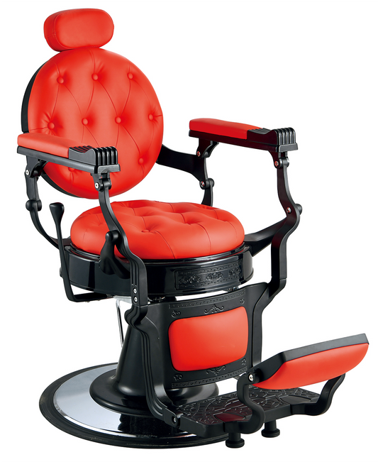 Luxurious barber chair in red with black frame 