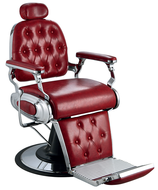 Classic barber chair in Bordeaux red with chrome finish