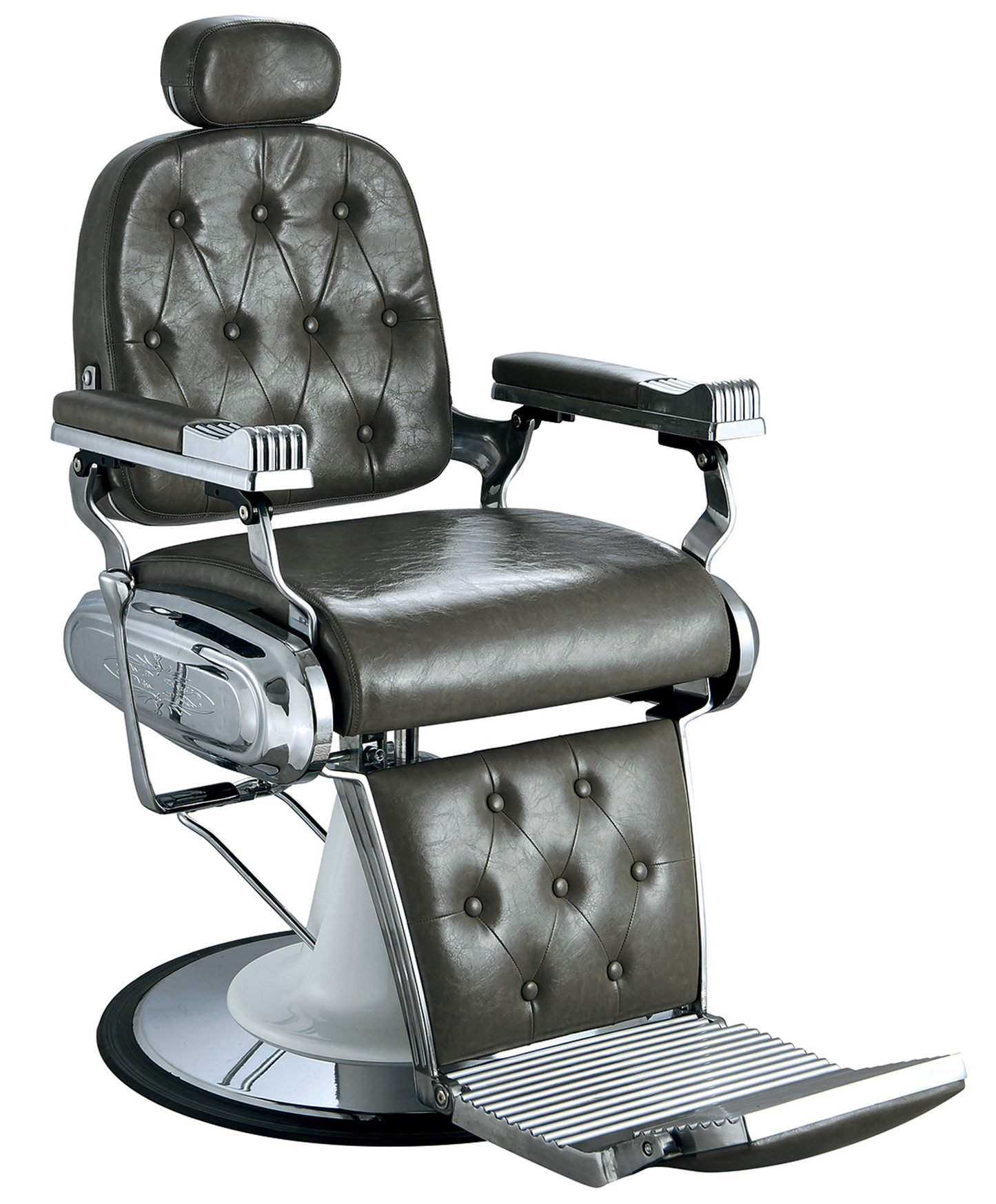 Luxurious barber chair in green-grey with chrome finish