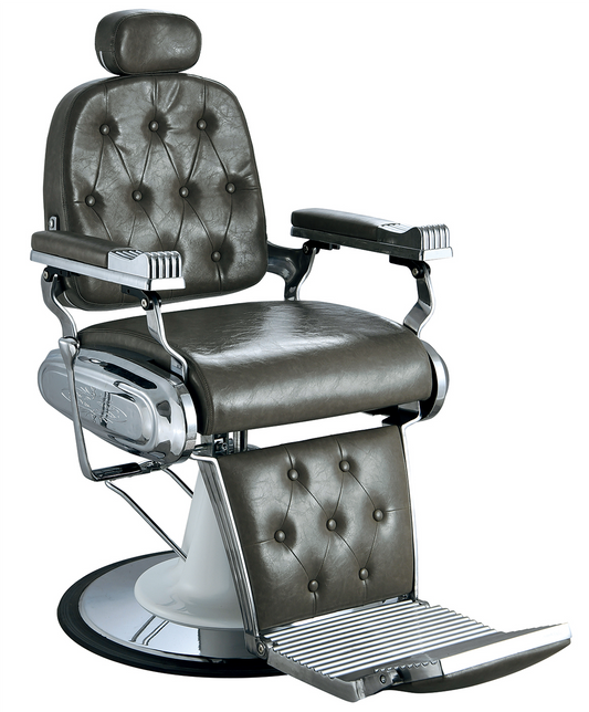 Luxurious barber chair in green-grey with chrome finish