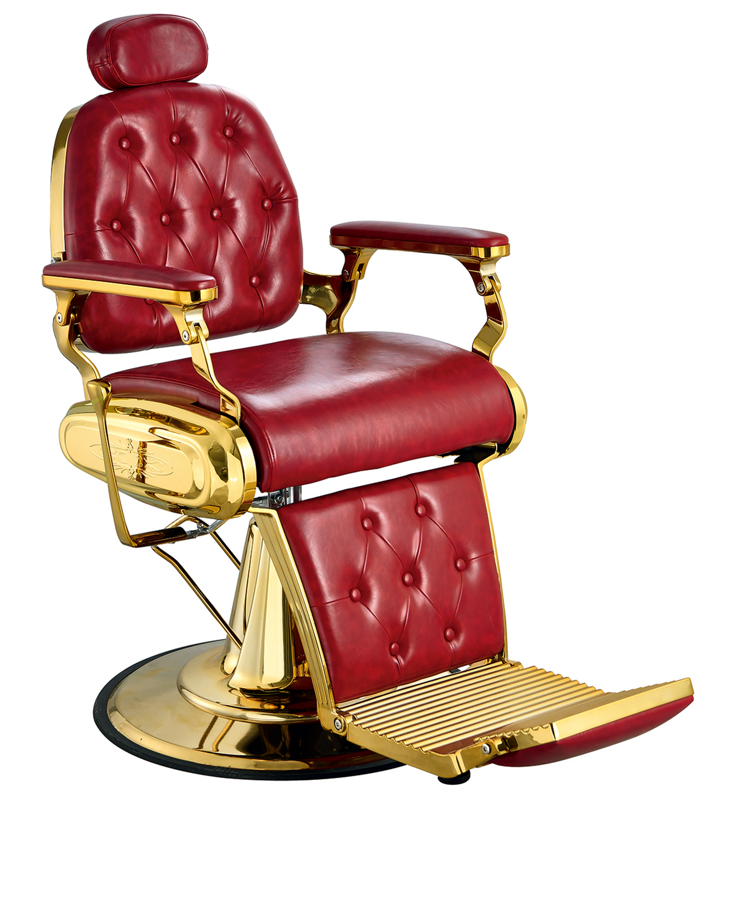 Luxurious barber chair in red with gold-plated accents
