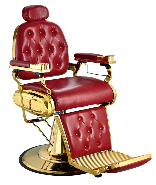 Classic barber chair in red with gold-plated accents