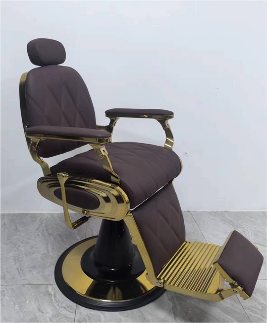 Luxurious barber chair in dark brown with gold accents