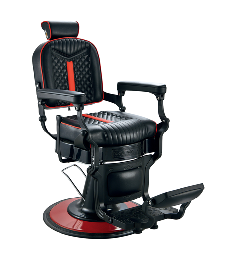 Modern barber chair in black and red with a sporty design