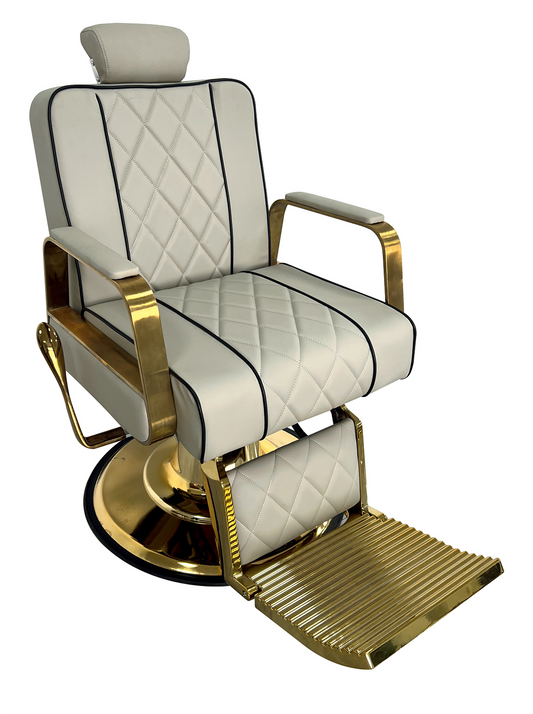 Luxurious barber chair in white with gold accents 
