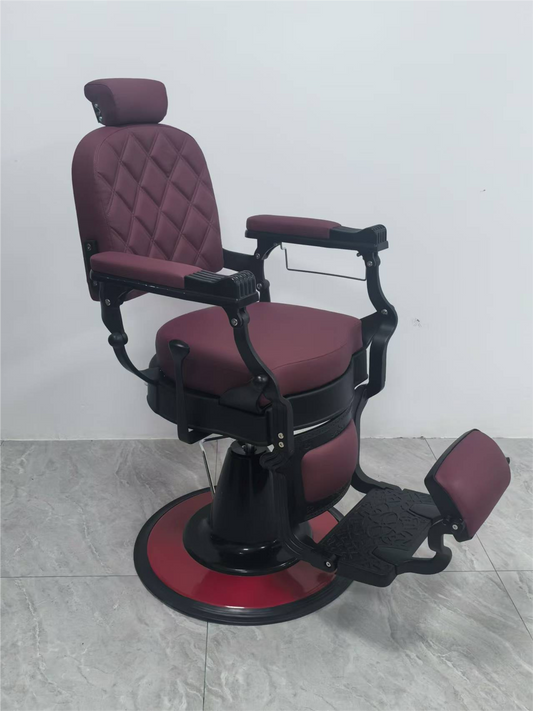 Exclusive barber chair in burgundy red with black base