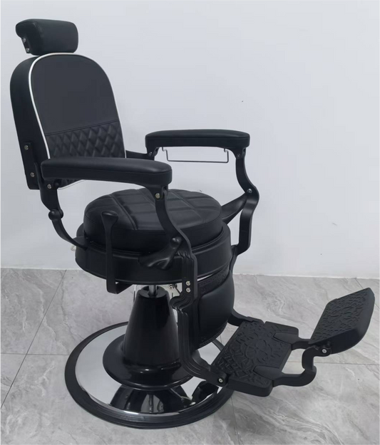 Moderner schwarzer Barberstuhl mit eleganter Steppung