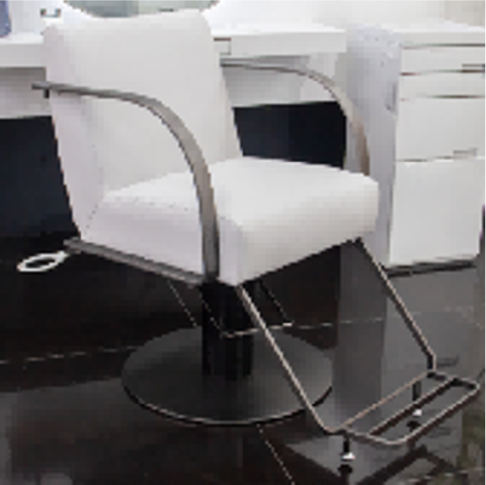 Modern white hairdressing chair with chrome accents