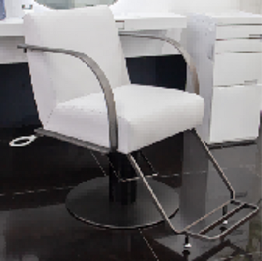Modern white hairdressing chair with chrome accents